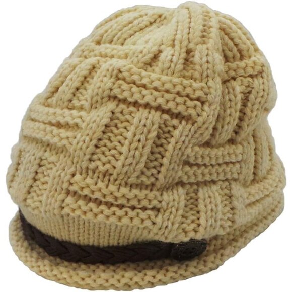 Women's Beige Fashion Winter Warm Knit Beanie Crochet Cap Hat with Leather Strap - Picture 2 of 4